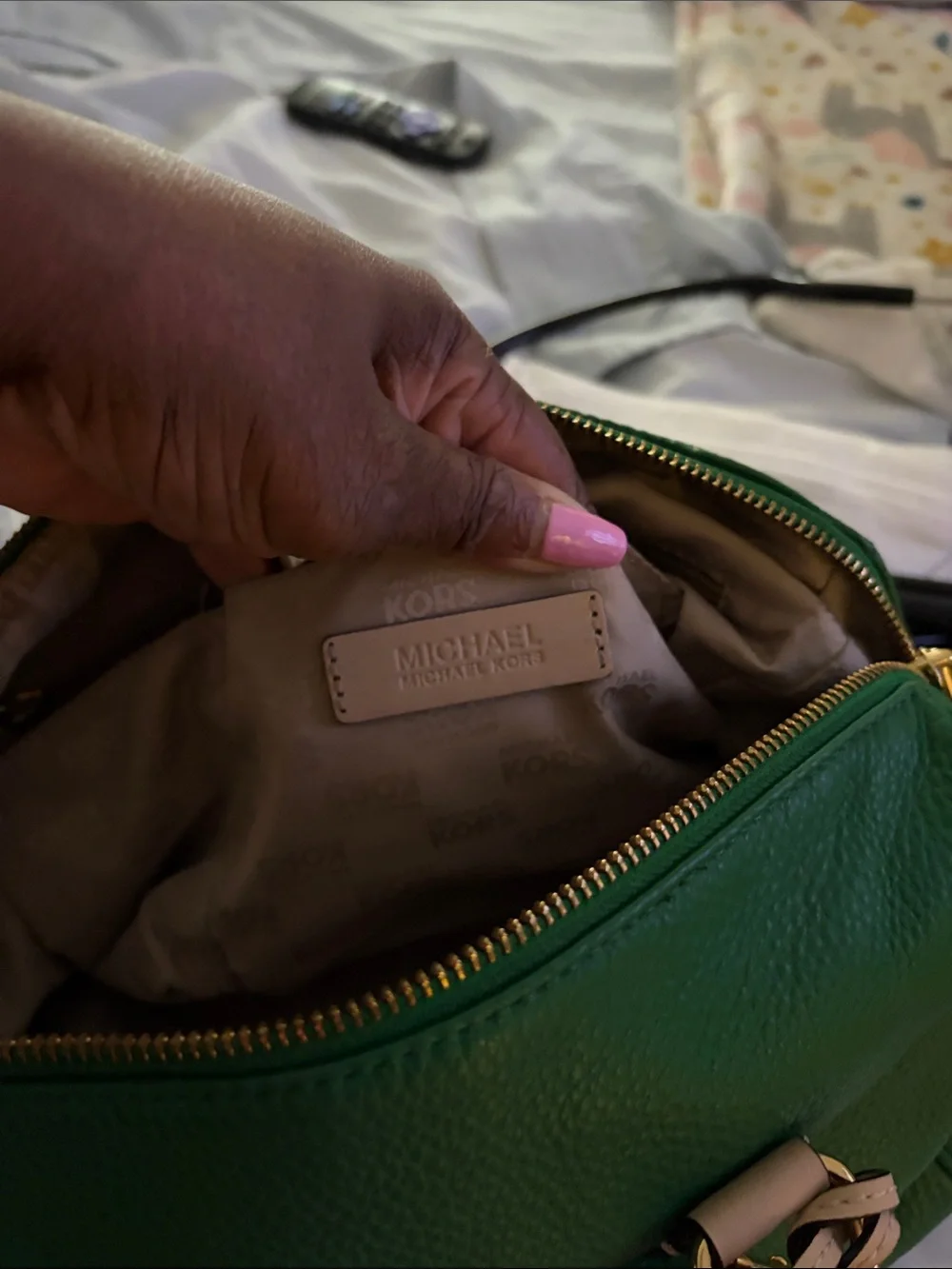 Michael Kors Green Leather Satchel with Beige Trim - Picture 11 of 15